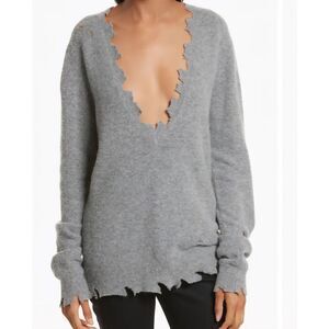 IRO Jeans Sweater Women's Medium Grey Brody Distressed V Neck Oversized Alpaca